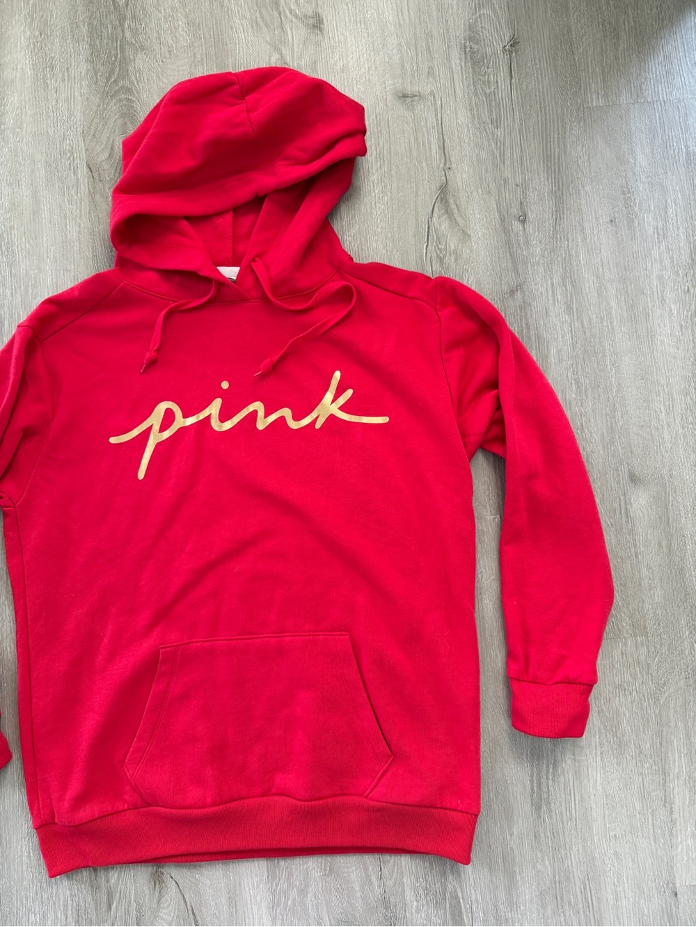 PINK Victoria's Secret Red Hoodie Sweatshirt with gold writing medium NWT